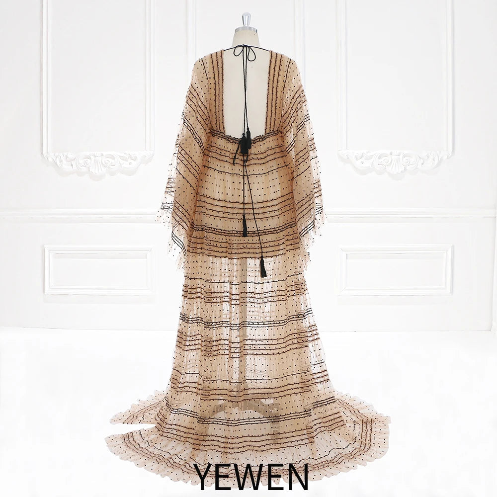 Elegante vestido maxi de manga larga a rayas de encaje bohemio con lunares de tul, vestido de maternidad para mujer, vestido bohemio de playa para sesión de fotos 