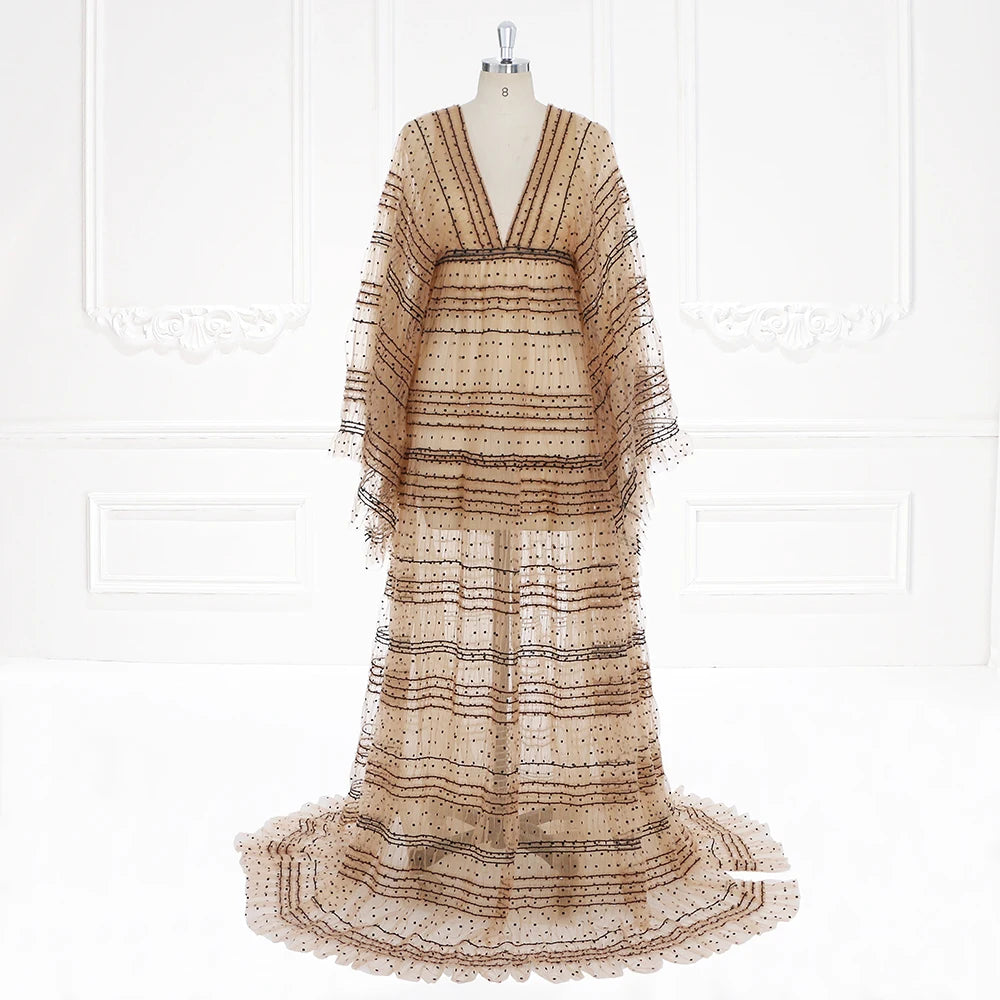 Elegante vestido maxi de manga larga a rayas de encaje bohemio con lunares de tul, vestido de maternidad para mujer, vestido bohemio de playa para sesión de fotos 