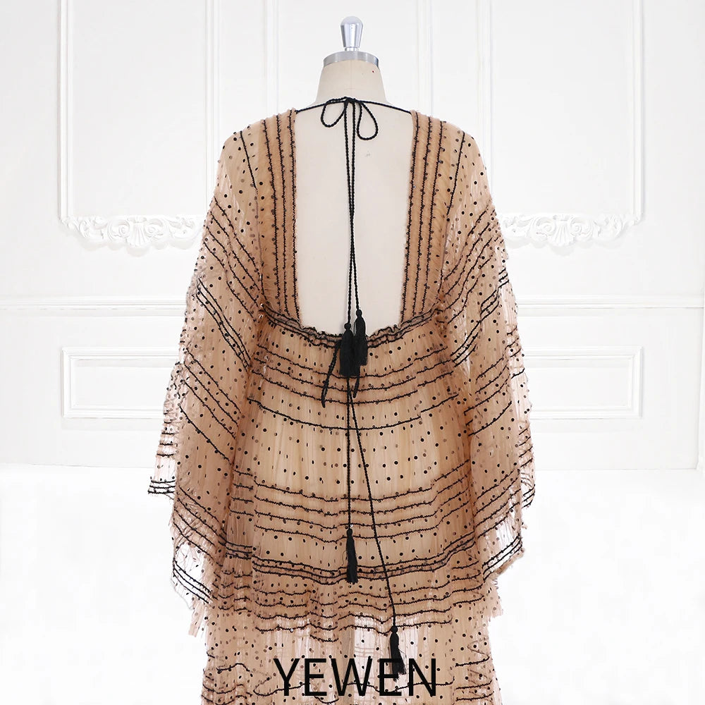 Elegante vestido maxi de manga larga a rayas de encaje bohemio con lunares de tul, vestido de maternidad para mujer, vestido bohemio de playa para sesión de fotos 