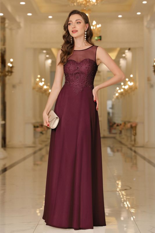 Elegant Chiffon Sleevless Evening Dress Scoop Neck Lace Apliques Bridesmaid Dress
