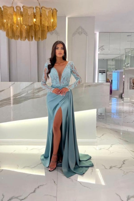 Elegante vestido de fiesta con escote en V, manga larga, abertura frontal y columna hasta el suelo con encaje