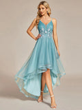 Elegant Evening Dresses High Low Mesh Appliques Hidden zipper Knee-Length of BAZIIINGAAA Dusty Blue Bridesmaid dress-payinti