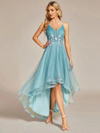 Elegant Evening Dresses High Low Mesh Appliques Hidden zipper Knee-Length of BAZIIINGAAA Dusty Blue Bridesmaid dress-payinti
