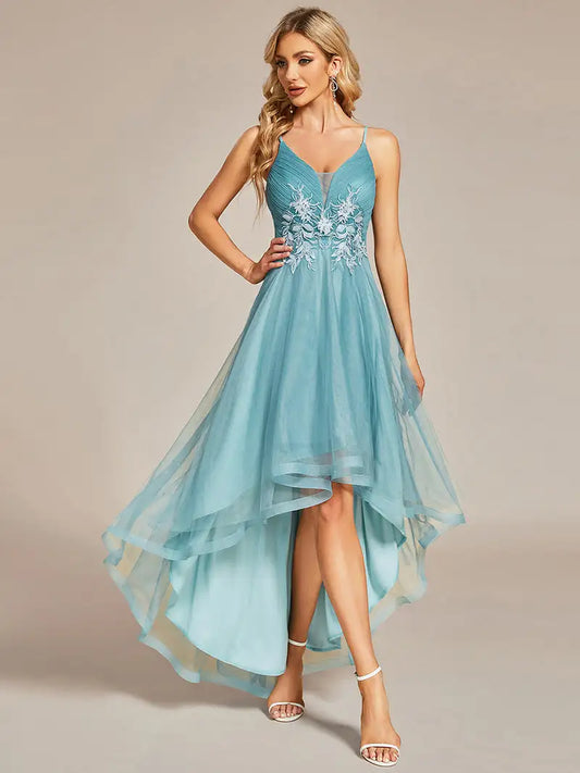 Elegant Evening Dresses High Low Mesh Appliques Hidden zipper Knee-Length of BAZIIINGAAA Dusty Blue Bridesmaid dress-payinti