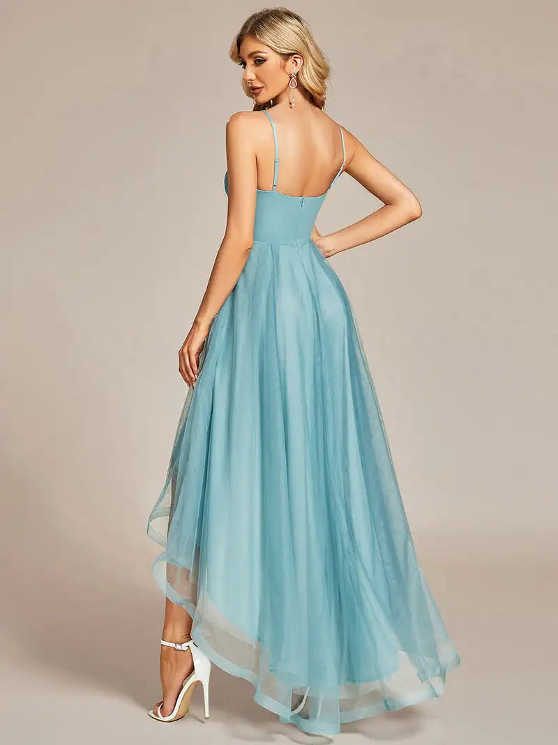 Elegant Evening Dresses High Low Mesh Appliques Hidden zipper Knee-Length of BAZIIINGAAA Dusty Blue Bridesmaid dress-payinti