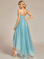Elegant Evening Dresses High Low Mesh Appliques Hidden zipper Knee-Length of BAZIIINGAAA Dusty Blue Bridesmaid dress-payinti
