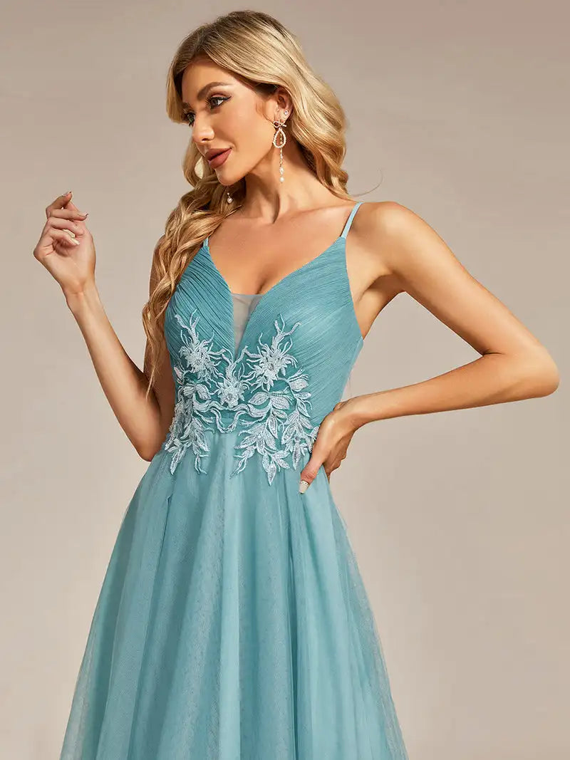 Elegant Evening Dresses High Low Mesh Appliques Hidden zipper Knee-Length of BAZIIINGAAA Dusty Blue Bridesmaid dress-payinti