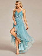 Elegant Evening Dresses High Low Mesh Appliques Hidden zipper Knee-Length of BAZIIINGAAA Dusty Blue Bridesmaid dress-payinti