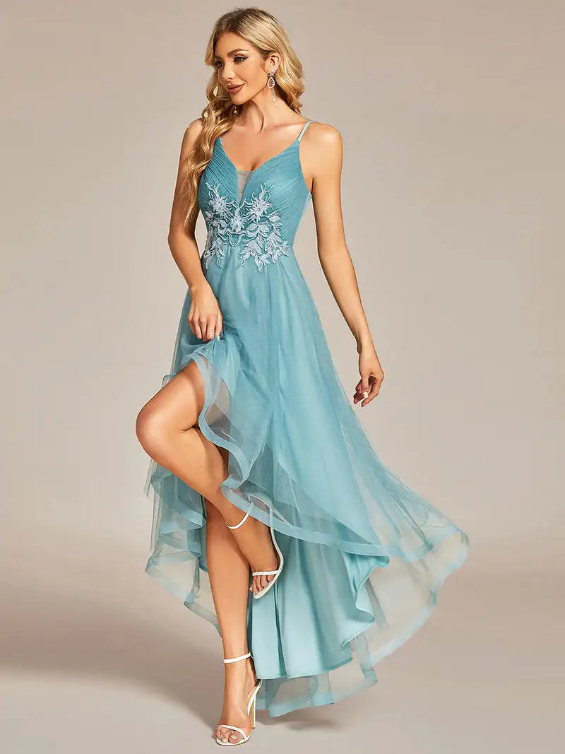 Elegant Evening Dresses High Low Mesh Appliques Hidden zipper Knee-Length of BAZIIINGAAA Dusty Blue Bridesmaid dress-payinti