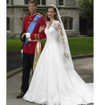 Elegant Italian white bridal dress V-neck stand-up collar lace applique long sleeve satin button Saudi Arabian trouw jurken dame-payinti