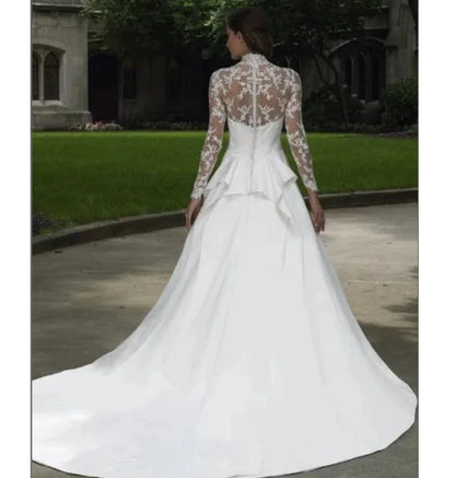 Elegant Italian white bridal dress V-neck stand-up collar lace applique long sleeve satin button Saudi Arabian trouw jurken dame-payinti