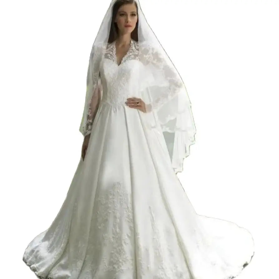 Elegant Italian white bridal dress V-neck stand-up collar lace applique long sleeve satin button Saudi Arabian trouw jurken dame-payinti