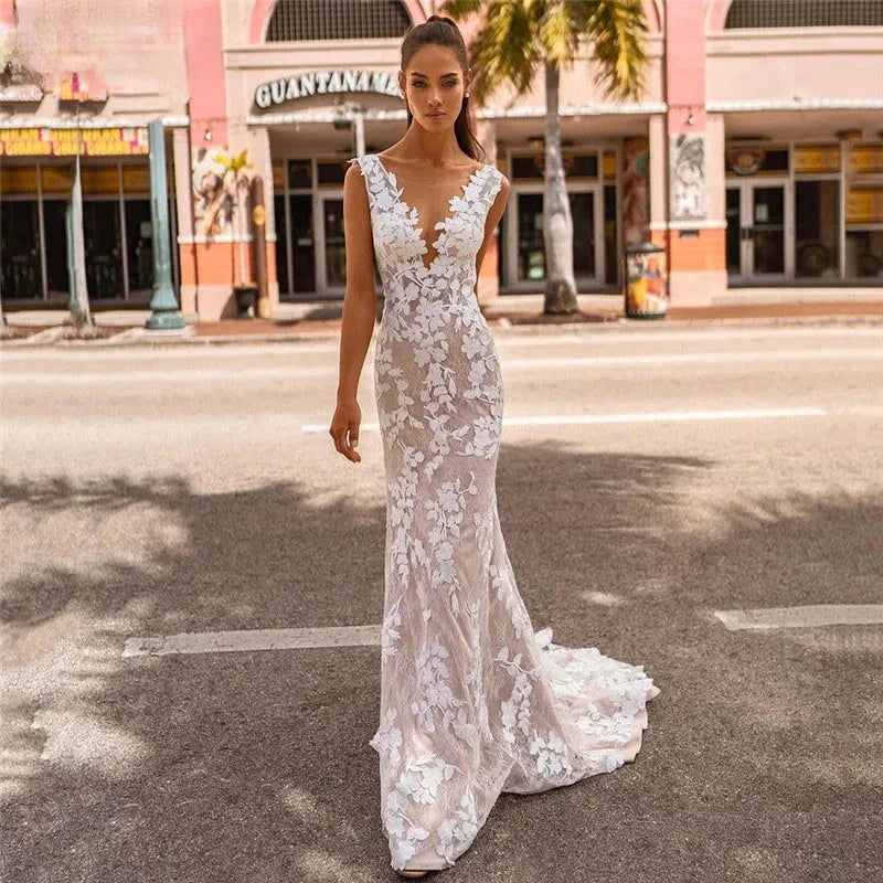 Elegant Lace Mermaid Vestidos De Novia Beach Open Back Sleeveless Wedding Dresses Appliques Vestido De Noiva-payinti