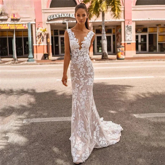 Elegant Lace Mermaid Vestidos De Novia Beach Open Back Sleeveless Wedding Dresses Appliques Vestido De Noiva-payinti