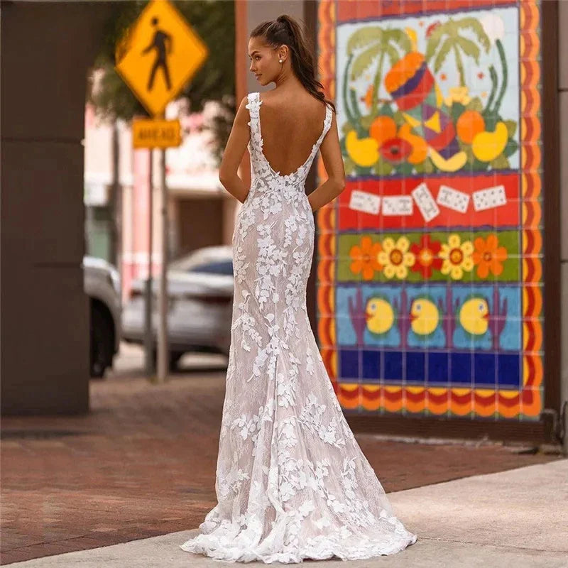 Elegant Lace Mermaid Vestidos De Novia Beach Open Back Sleeveless Wedding Dresses Appliques Vestido De Noiva-payinti