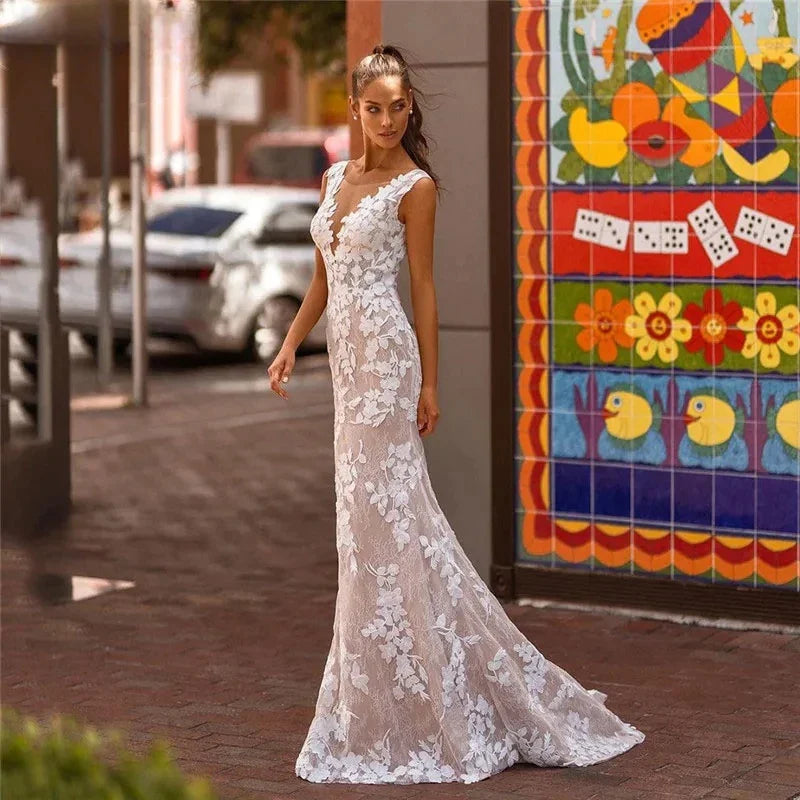 Elegant Lace Mermaid Vestidos De Novia Beach Open Back Sleeveless Wedding Dresses Appliques Vestido De Noiva-payinti