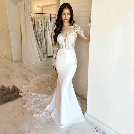 Elegant Lace Mermaid Wedding Dresses For Women Long Sleeve Lace Appliqued Bridal Gown Illusion Back Ivory Vestido De Novias-payinti