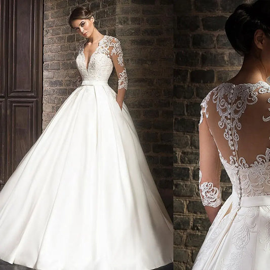 Elegant Lace Wedding Dresses Sexy Deep V-Neck Vestido De Novia Sleeve Bridal Gowns with Pockets Customized Robe Mariee-payinti