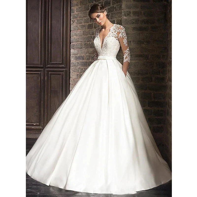 Elegant Lace Wedding Dresses Sexy Deep V-Neck Vestido De Novia Sleeve Bridal Gowns with Pockets Customized Robe Mariee-payinti