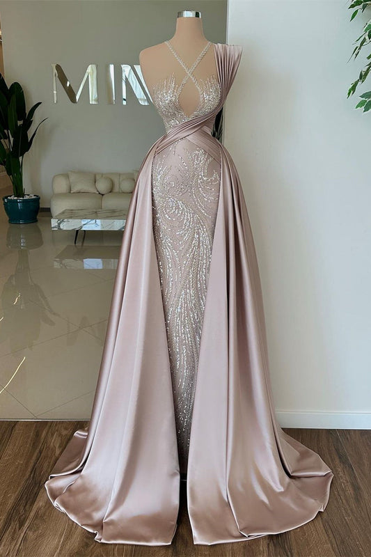 Elegantes langes ärmelloses A-Linien-Ballkleid aus Satin mit Pailletten und Spitze