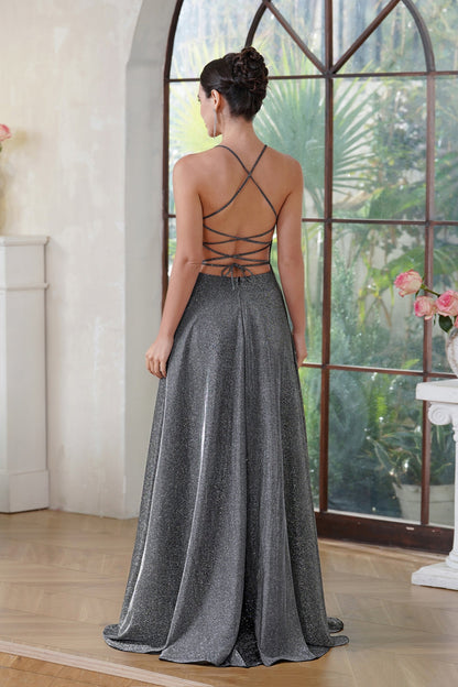 Elegante vestido de fiesta largo de seda brillante con escote en V y corte A, con abertura lateral y bolsillo.