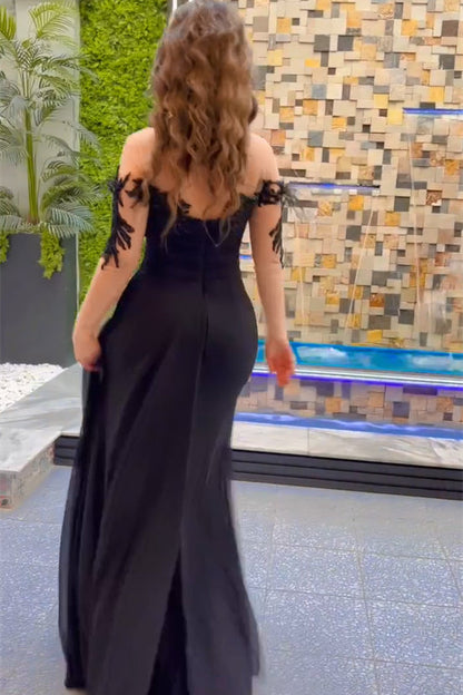 Elegante vestido de fiesta largo de sirena de gasa negra con encaje y cuentas, mangas largas y abertura