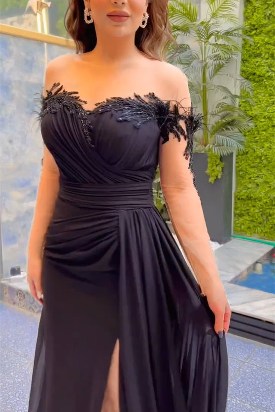 Elegantes langes schwarzes Meerjungfrau-Abendkleid aus Chiffon mit Spitze und Perlen