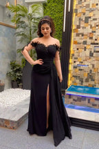 Elegantes langes schwarzes Meerjungfrau-Abendkleid aus Chiffon mit Spitze und Perlen