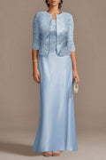 Elegante vestido largo de satén con encaje azul para madre de la novia con chaqueta