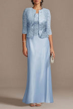 Elegante vestido largo de satén con encaje azul para madre de la novia con chaqueta