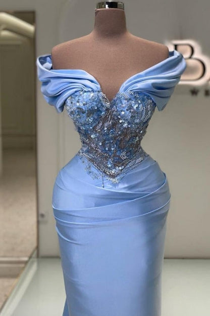 Elegantes langes blaues Meerjungfrau-Abendkleid mit schulterfreier Spitze und Perlenbesatz