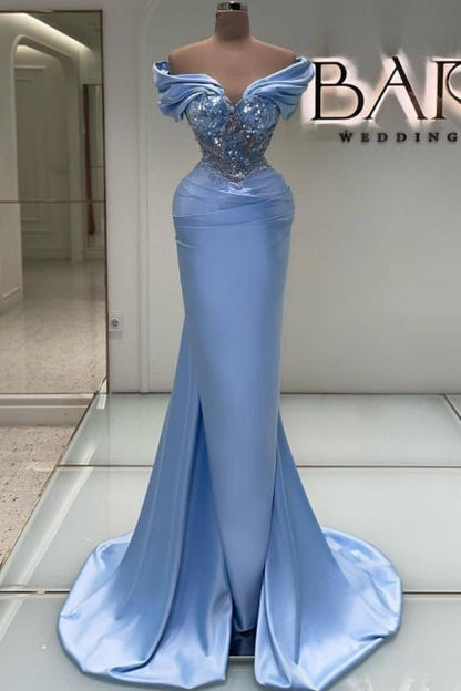 Elegantes langes blaues Meerjungfrau-Abendkleid mit schulterfreier Spitze und Perlenbesatz