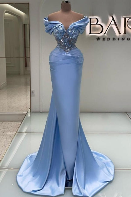 Elegantes langes blaues Meerjungfrau-Abendkleid mit schulterfreier Spitze und Perlenbesatz