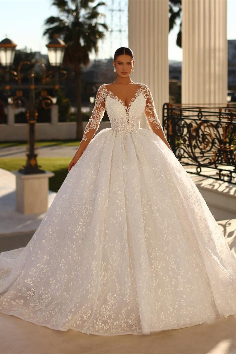 Ivory Plunge V Trumpet Long Wedding Dress with Balloon Sleeves