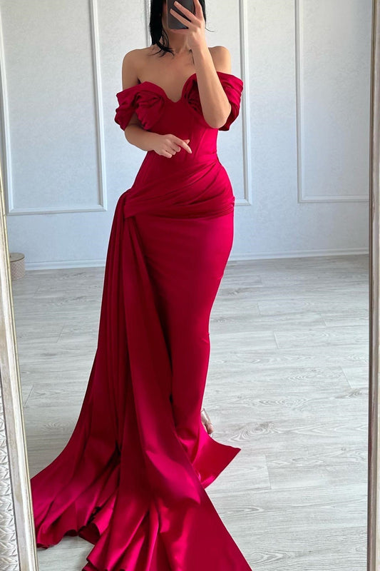 Elegantes langes Meerjungfrau-Ballkleid mit schulterfreiem, ärmellosem V-Ausschnitt aus Satin in Fuchsia