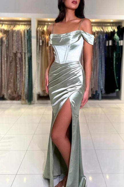 Elegantes langes Meerjungfrau-Ballkleid aus Satin mit Spaghettiträgern und schulterfreiem Schnitt und Schlitz