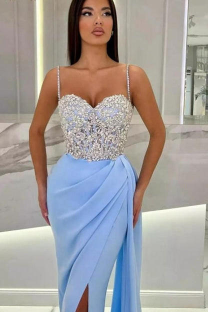 Elegantes langes Meerjungfrau-Abschlussballkleid mit Spaghettiträgern und herzförmigem Ausschnitt und Glitzer