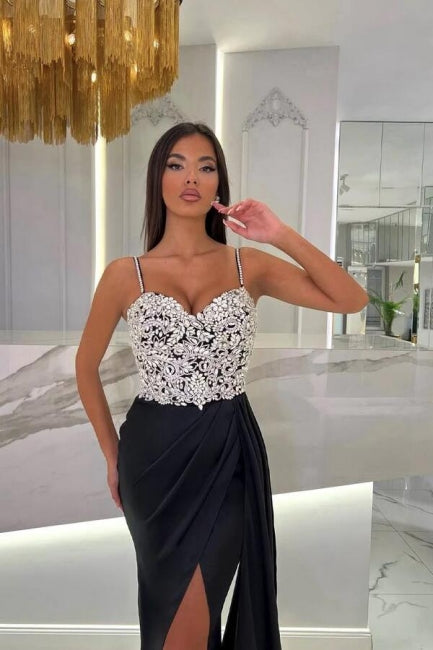 Elegantes langes Meerjungfrau-Abschlussballkleid mit Spaghettiträgern und herzförmigem Ausschnitt und Glitzer