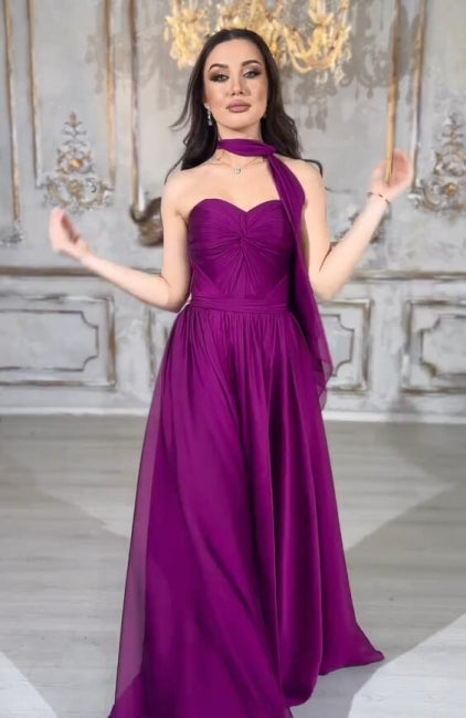 Elegantes langes lila A-Linien-Ballkleid ohne Träger mit Schnürung