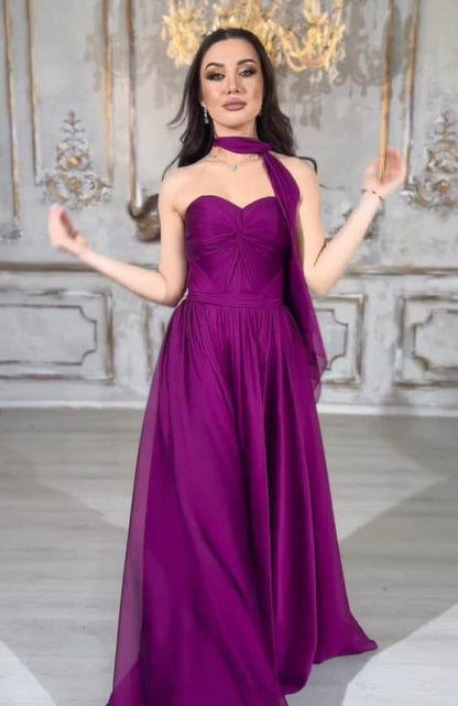 Elegantes langes lila A-Linien-Ballkleid ohne Träger mit Schnürung