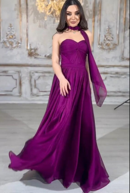 Elegantes langes lila A-Linien-Ballkleid ohne Träger mit Schnürung