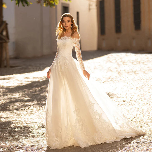 Elegant Long Sleeve Wedding Dresses Off The Shoulder Boat Neck Lace Appliques Sweep Train A-Line Bridal Gown Vestidos De Novia-payinti