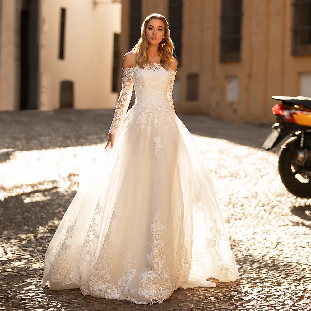 Elegant Long Sleeve Wedding Dresses Off The Shoulder Boat Neck Lace Appliques Sweep Train A-Line Bridal Gown Vestidos De Novia-payinti