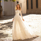 Elegant Long Sleeve Wedding Dresses Off The Shoulder Boat Neck Lace Appliques Sweep Train A-Line Bridal Gown Vestidos De Novia-payinti