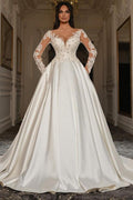 Elegante A-Linie Brautkleider mit Herzausschnitt und langen Ärmeln aus Satin und Spitze mit Taschen