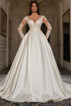 Elegante A-Linie Brautkleider mit Herzausschnitt und langen Ärmeln aus Satin und Spitze mit Taschen