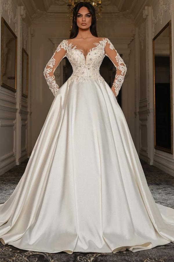 Elegante A-Linie Brautkleider mit Herzausschnitt und langen Ärmeln aus Satin und Spitze mit Taschen