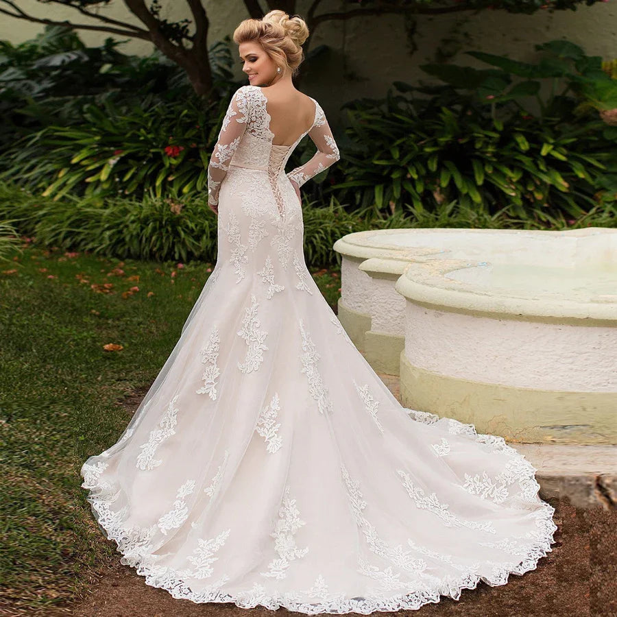 Elegant Long Sleeves Appliques Vestido De Noiva Lace-up back Mermaid Wedding Dress Sexy Backless Vestidos De Novia-payinti