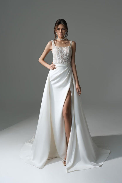 Elegant Long White A-line Beading Lace Pearls Sleeveless Wedding Dress With Slit
