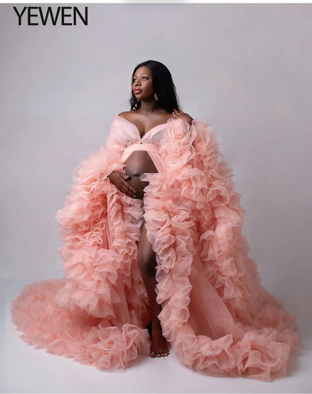 Vestido elegante de maternidad para sesión de fotos, maxivestido de maternidad con volantes de organza 